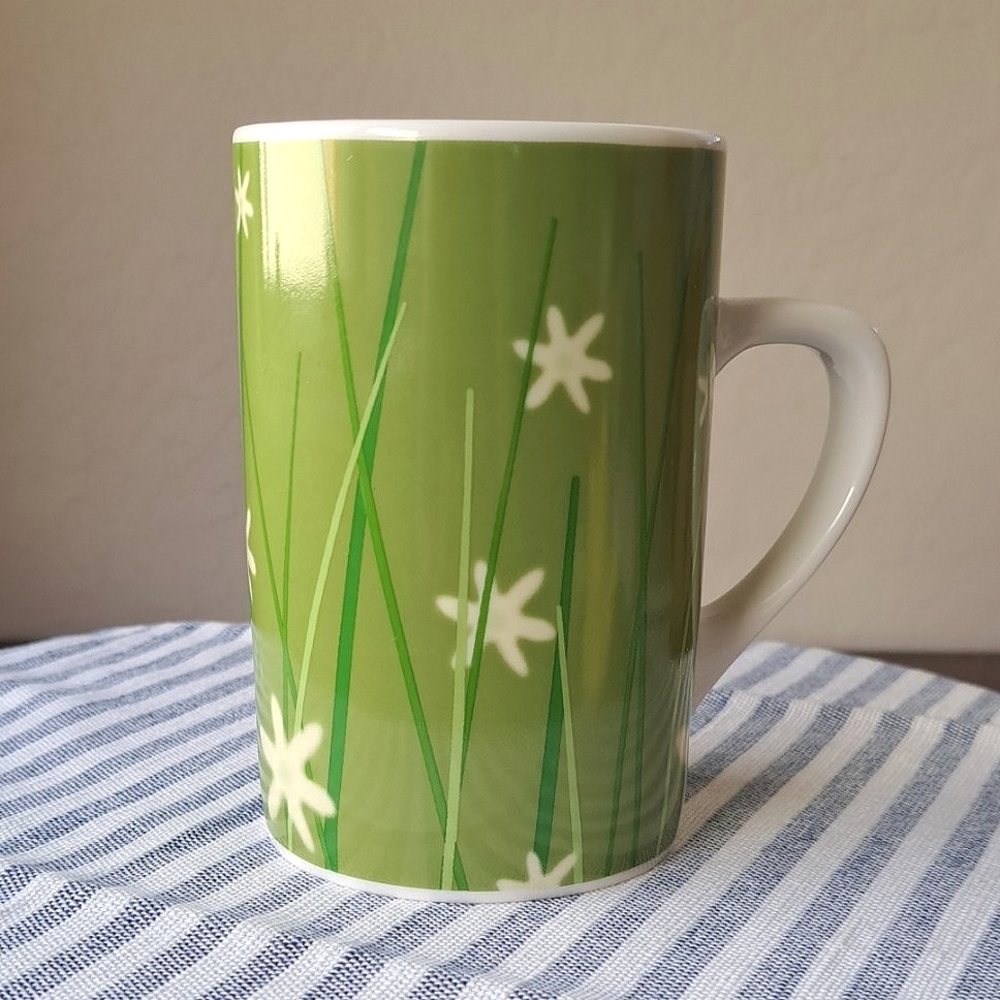Vintage Y2k '04 Starbucks Coffee Tea Mug Avocado Green Grass with Daisies 4.7"